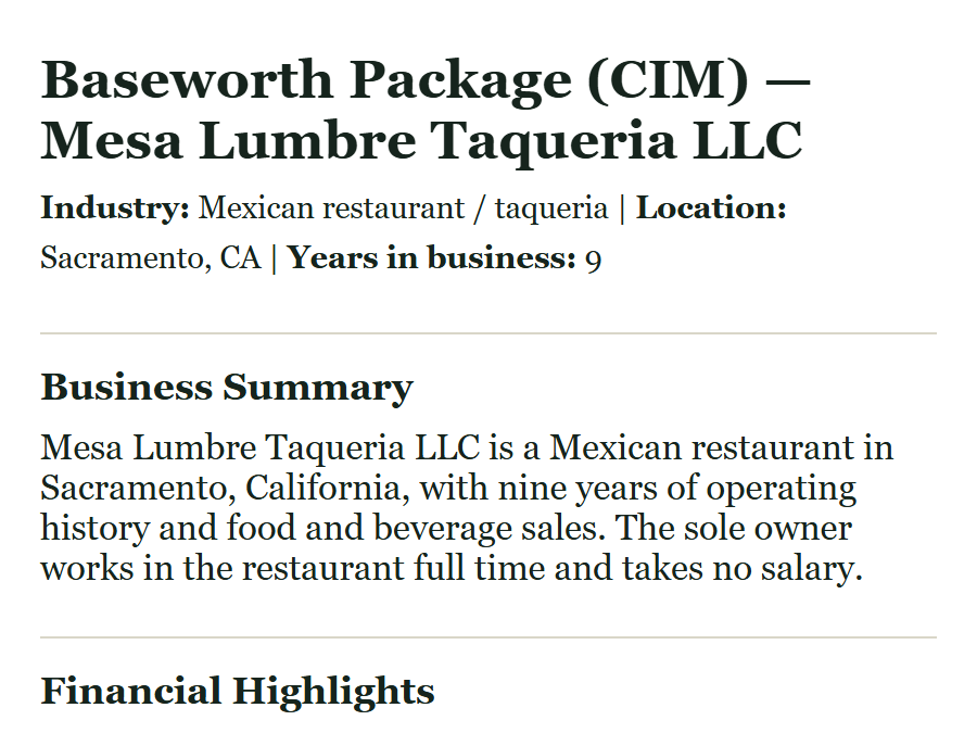 Sample package, first page: the title, industry, location and years in business, then the business summary.